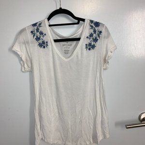 White Tee with Embroidered Blue Flowers